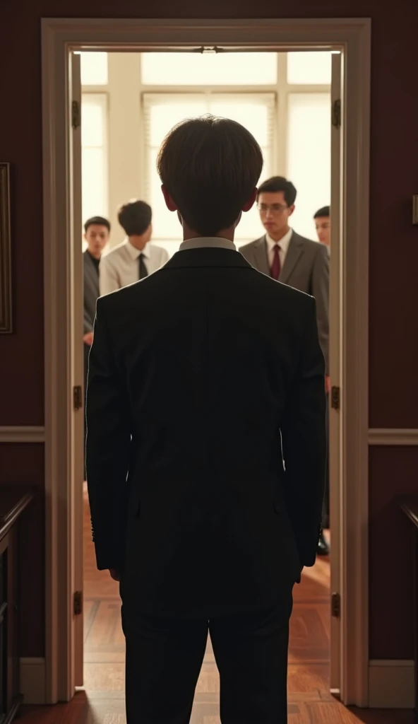  Ultra realistic style ，POV view from inside a gap in an upper floor， several high school boys entering the office from the perspective of a secret door，, is a boy in a suit，Facing the closet 