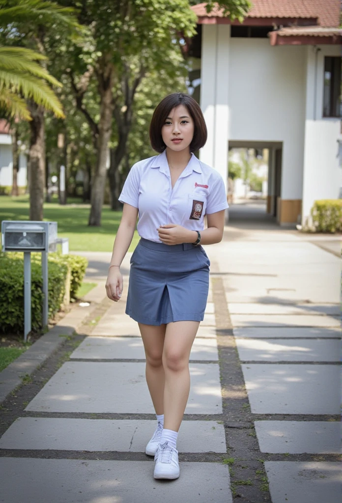 A beautiful indonesian girl, short hair with bang,walking down on the stair. At the school, look at the viewer,