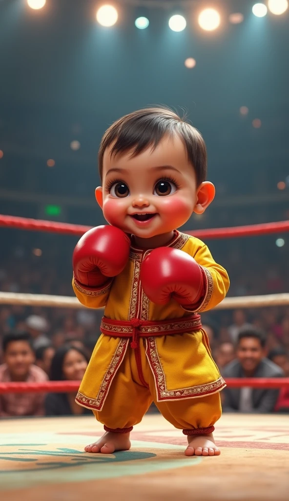 An athletic South Asian little girl, with protective gear and sports bra, proudly standing in a brightly lit boxing ring. She is fervently preparing for her match, throwing shadow punches with well-wrapped wrists and a determined look on her face. Meanwhile, an excited, diverse crowd has gathered around the ring. Their faces are filled with anticipation and they cheer her on, as bright spotlights illuminate the arena, further emphasizing the tension and intensity of the moment.