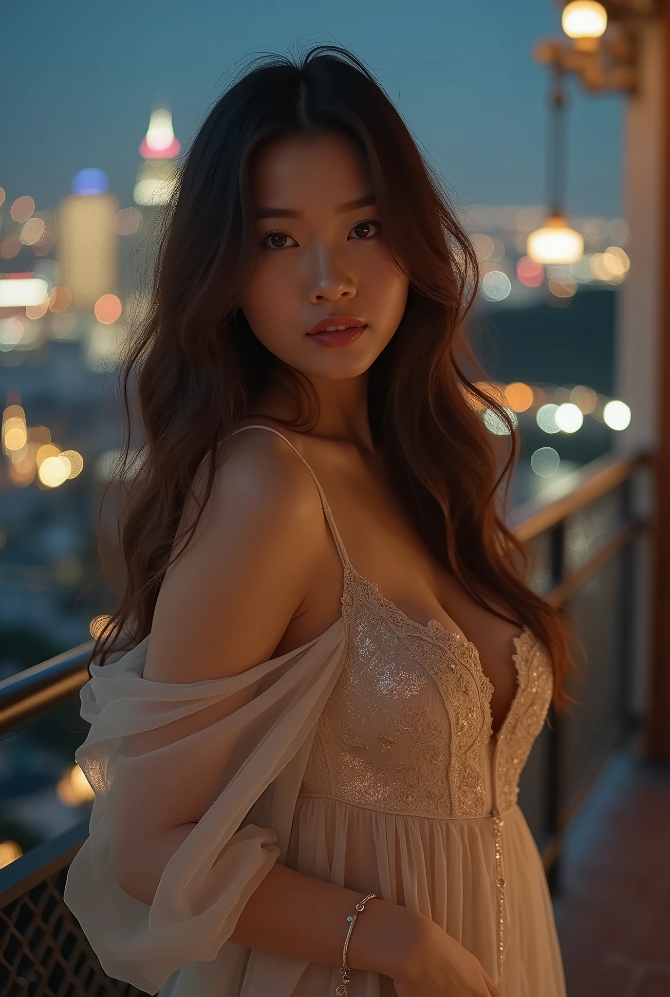 a beautifully detailed girl wearing a sheer dress at night on a balcony, her glowing skin and long hair accentuating her seductive and exciting presence, full body shot, (best quality,4k,8k,highres,masterpiece:1.2),ultra-detailed,(realistic,photorealistic,photo-realistic:1.37),HDR,UHD,studio lighting,ultra-fine painting,sharp focus,physically-based rendering,extreme detail description,professional,vivid colors,bokeh,portraiture