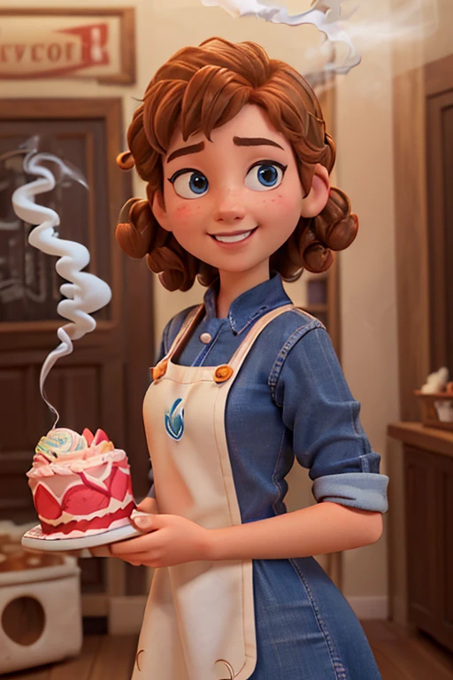 (Pixar style poster of a cute girl seen from the front in a white chef's uniform, smiling and showing a decorated medium cake. Playful face, (with brown curly hair, young and delicate skin, small chin, short chin. Laughing expression, Exaggerated expression , （Perfect correct hand） ，（smoke gas: 1.37） cinematic background of the interior of a confectionery shop, high-quality photos, 3D studio photos, (a lot of smoke: 1.2), close-up photography, traces clear facial features, character concept art, exaggeration,