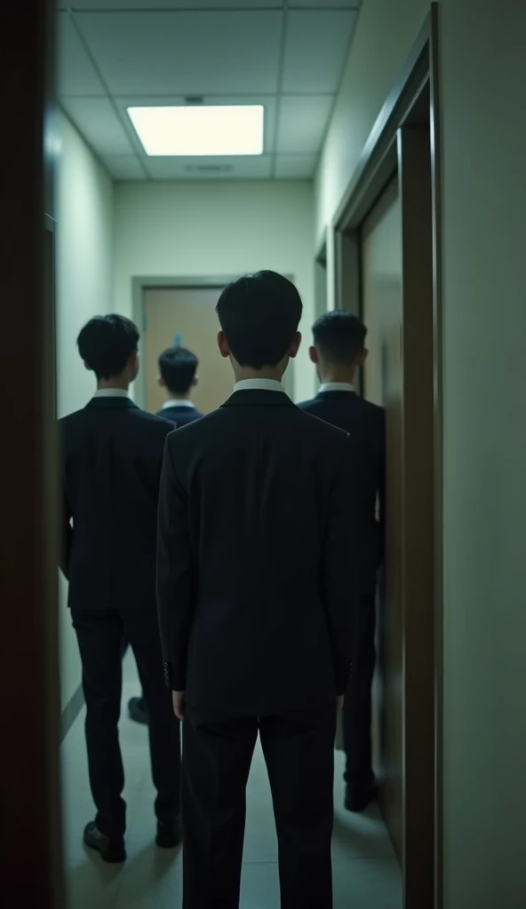  Ultra realistic style ，POV view from inside a gap in an upper floor，Foreground blur，Minoru Nakagage， several high school boys entering the office from the perspective of a secret door，, is a boy in a suit，Facing the closet 