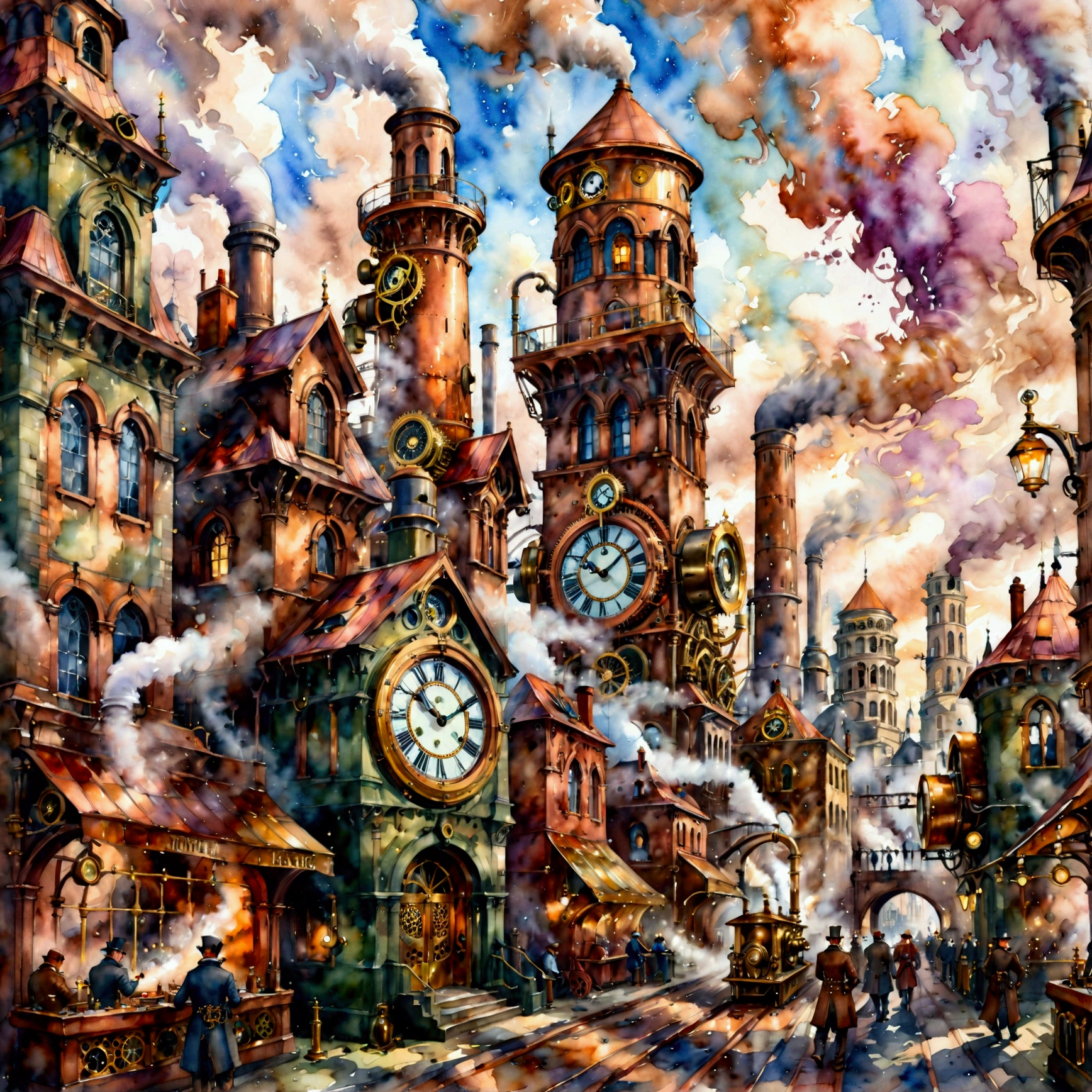 A watercolor-style illustration of a bustling steampunk city centered around a grand clock tower. The city is filled with intricate steam-powered machines, gears, and pipes, with thick clouds of steam rising into the air. The clock tower stands tall, adorned with ornate brass details and exposed mechanical parts, its massive clock face a focal point. The surrounding streets are lined with Victorian-style buildings featuring copper roofs, smokestacks, and gear motifs. The muted tones of brown, bronze, and gold are complemented by soft brushstrokes, giving the scene a vibrant yet nostalgic atmosphere filled with movement and energy, (watercolor style, steampunk city, grand clock tower, steam-powered machines, gears, pipes, rising steam, ornate brass details, mechanical parts, Victorian-style buildings, copper roofs, smokestacks, gear motifs, muted tones, brown, bronze, gold, soft brushstrokes, nostalgic atmosphere, vibrant)