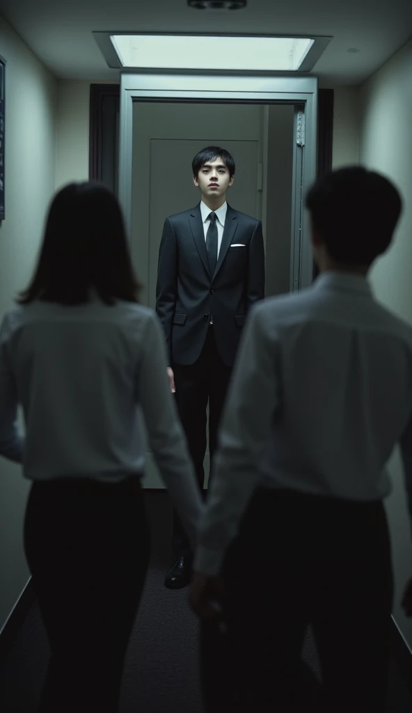  Ultra realistic style ，POV view from inside a gap in an upper floor，Foreground blur，Minoru Nakagage， several high school boys entering the office from the perspective of a secret door，, is a boy in a suit，Facing the closet 