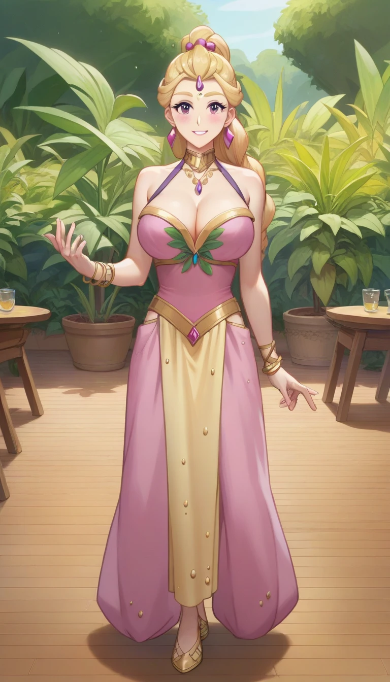 score_9,score_8_up,score_7_up,score_6_up BREAK official art,solo,outdoors,body,(portrait:1.5),looking at viewer,facing viewer,smile,blush,mature female,blonde hair, gold jewery, fancy dancer dress, bracelet, collar, concubine, full body, dancing, big breasts