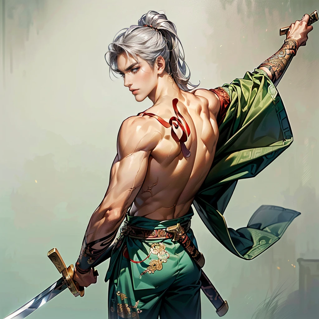 ( top quality,4K,8k, high definition ,masterpiece:1.2),super detailed,( realistic ,photo realistic ),(((1 person))),The 20-year-old hero of the Three Kingdoms ,((( Hold it half of your body to show your back to the viewer :1.3, shirtless in the lobbyの美男子:1.3))),((Very handsome and sexy :1.3,Beautiful neutral boy :1.1),Confident and calm expression, A beautiful face with a detailed golden ratio,round face,(( Perfectly Set Long, Shiny Silver Hair ,good man:1.3, Ancient Chinese Male Hairstyle )), detailed eyes :1.2, perfect eyes, charming brown eyes,Thin, sharp eyebrows),(Model-like style , Well-trained body like a sculpture :1.2,Strong Arms,Back muscles, Tall),Noble Prince :1.2,kind gaze ,cinematic lighting, spotlight, soft shadows,(( shirtless in the lobby, ancient Chinese pants with detailed embroidery throughout the work of art,looking back, from behind,dynamic pause:1.2, (( An ancient Chinese sword wrapped in a detailed scabbard :1.3)), hand drawn in detail)),(( cowboy shot:1.2)),(( white background:1.3,simple background:1.2)),((( standing:1.3, depicted so as not to be visible from the tip of the head to above the knee :1.3))), is correctly depicted due to the structure of the human body