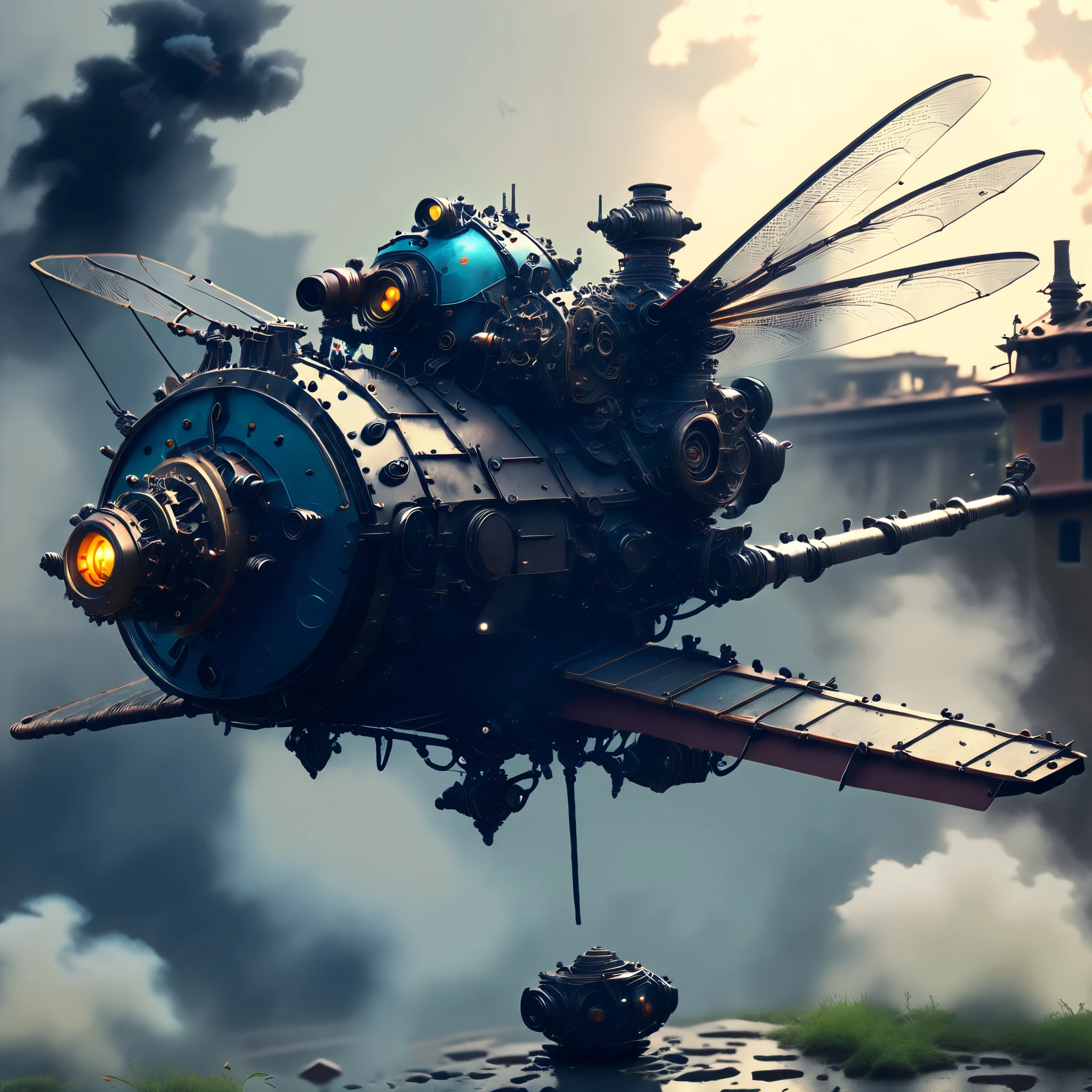  steampunk、Wide View、((( dragonfly flying with steam engine:1.7、Small single-seater airplane :1.7)))、Pilot by a girl、goggles、