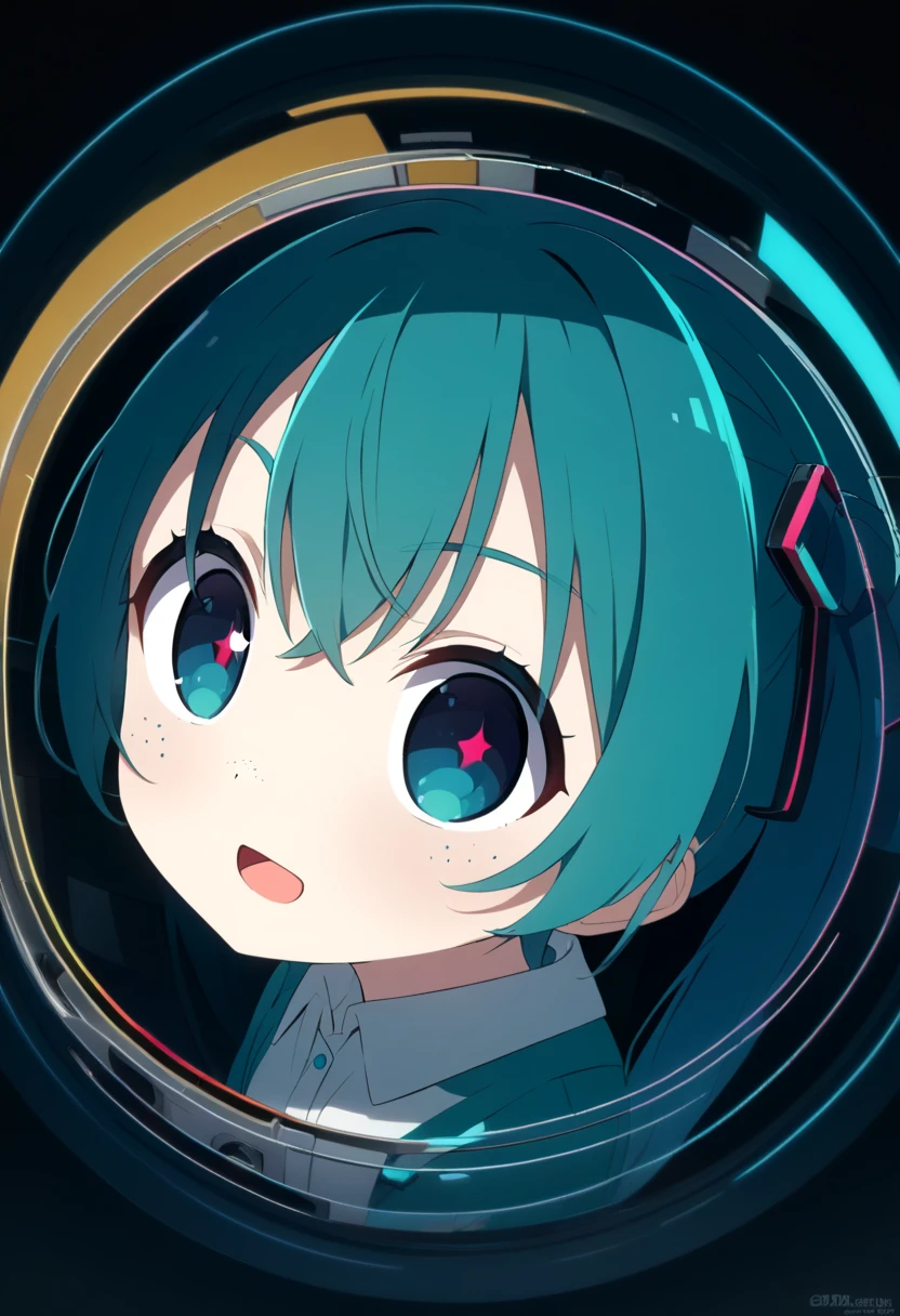  ,woman, Sideways glance ,『  monitoring   』   Hatsune Miku    ， Filmography， Anime Style，woman,from side,,Peek， 飛んでいる目玉のcuteイラスト（2），   open your mouth , right eye  fisheye lens,Deco* 27 sides  , right eye覗き顔 ， opening mouse ，cute， open her mouth ， side from , smirking  ，Eyepatch on left eye， Light freckles  ， look in with your whole face ，dark，dark cyan ，  look through a doorscope  ，Filmographyで覗き込む（right eye），hair，   white medical eyepatch for left eye   ，  dark black eyes  ，  eye color dark blue  ，Big right eye ，   fisheye lens ,    low contrast  ，low saturation， In a circle ，   in the upper right and lower right   "Wow!"   character ，   round cloud-like font   ，angle（1.9）， she looks in ，，  three large yellow glitter  ，   black background，  }  reddish purple and orange geometric pattern， hair gradation  ，  dark blue green  ，