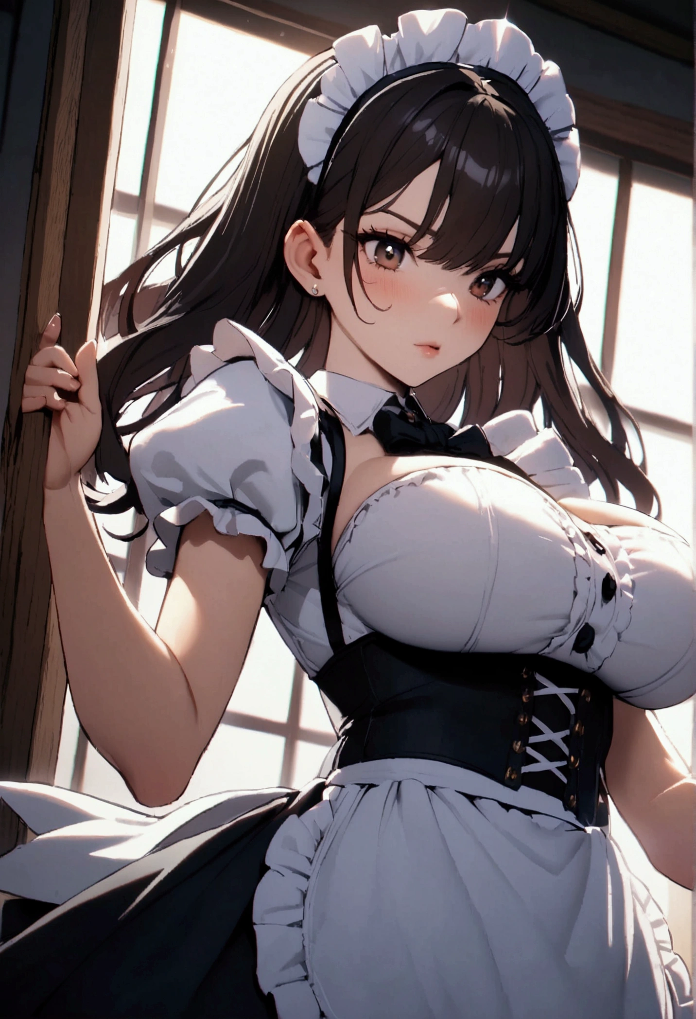 masterpiece, best quality, realistic, photorealistic, great lighting, ultra-detailed, dynamic angle, perfect face, (bright lighting:1.2),beautiful detailed eyes, extremely detailed face, perfect lighting,

1girl, black twintail hair, glasses, clothes about to come off,

gothic ****ta costume, frills, skirt, stockings, high-heeled shoes,

Composition looking up from below, classroom, straddle a chair, M leg, lift up one's skirt, 

sweaty, wet body, navel out, thighs out, buttocks, large breast, slim, slender, translucent body, Transparent, Embarrassed expression, blush, ((White panties, cameltoe)),