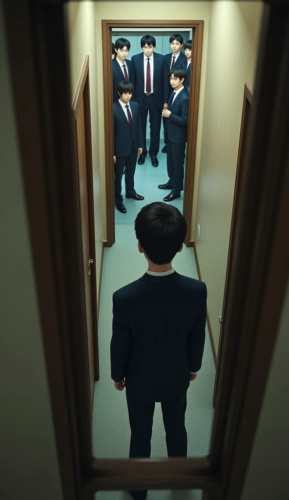  Ultra realistic style ，POV aerial view from inside a gap in an upper floor，Foreground blur，Minoru Nakagage， several high school boys entering the office from the perspective of a secret door，, is a boy in a suit，Facing the closet 