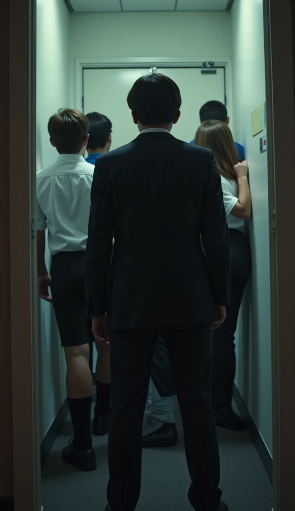  Ultra realistic style ，POV aerial view from inside a gap in an upper floor，Foreground blur，Minoru Nakagage， several high school boys entering the office from the perspective of a secret door，, is a boy in a suit，Facing the closet ，Imagine European and American movies