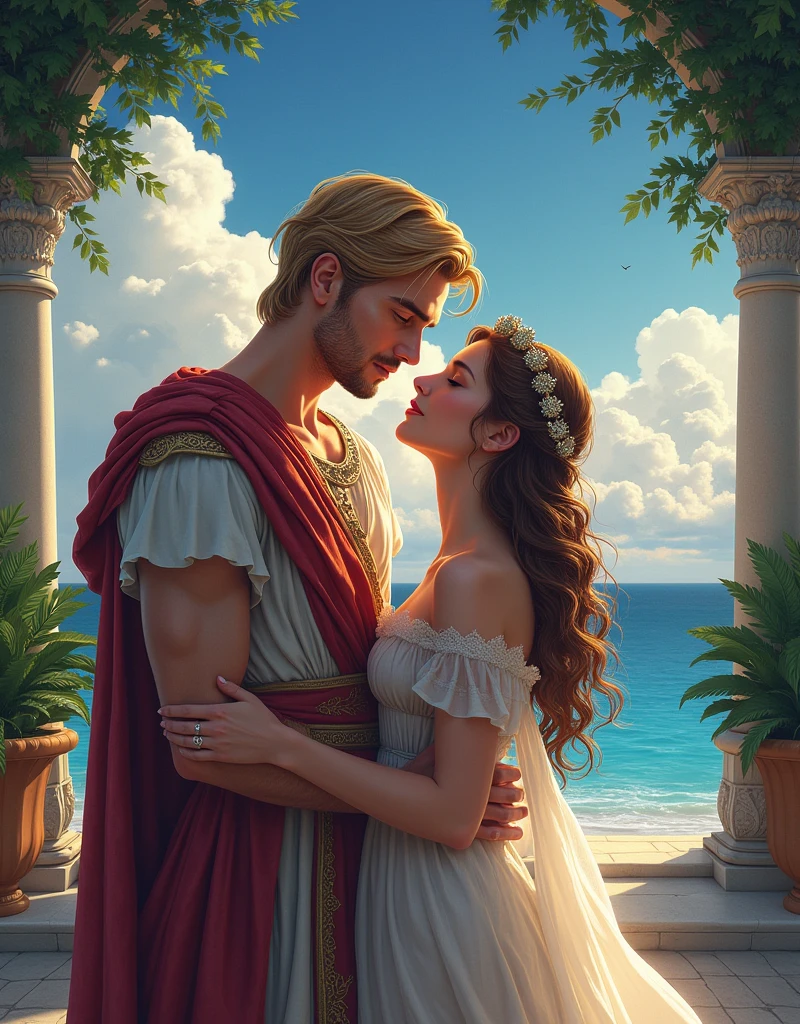 pre-raphaelite portrait of an interracial couple, looking into each other eyes on a beach, year 1893