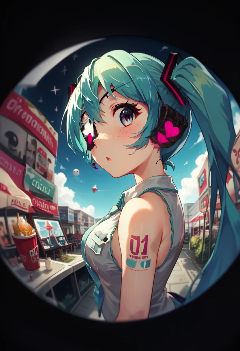  ,woman, side eye ,『 Monitoring 』   Hatsune Miku   ， Looking Intriguingly ，woman,from side,， Corn ,Peek，  Cute illustration of a flying eyeball  （Two），  opening mouse  , 左目Corn ,Deco* 27 side , Peek Face with Left Eye ，  Eye Patch with Light Freckles on Right Eye  ，dark，dark cyan hair，  White Medical Eye Patch  ，  dark black eyes  ，  eye color dark blue  ，  big eyes，  Fisheye Lens Doorscope ， low contrast ， In a circle ，angle（1.9），She peek，， Big Glitter ，  Black Background with Round Geometric Pattern ，  hair gradation  ，  dark blue green  ， Round Geometric Pattern on the outside of the round rim 