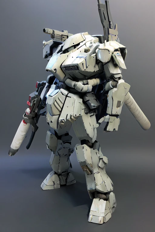 best quality,masterpiece,highly detailed,ultra-detailed, white camouflage scheme painted militaryrobot, mecha,battlerobot, science fiction, no humans, non-humanoid robot,military vehicle,missile pod, machinery, realistic, shoulder cannon, standing, cockpit windows, 