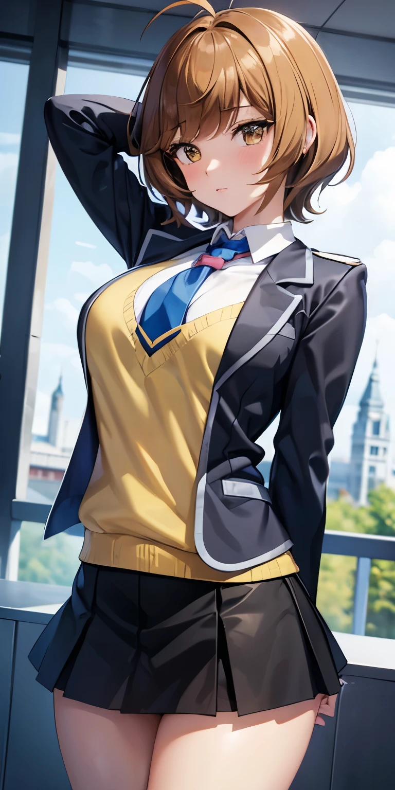 1 Female,High definition,high resolution,Ultra-realistic,8K, hmza, short hair, antenna hair, brown eyes, school uniform, blue necktie, yellow shirt,black jacket, long sleeves, black skirt,tight skirt, ((miniskirt)), large breasts,European,sexy,Upper body close-up,Photographed from the front,Dynamic Angles,(blush), (medium tits) ,(arms behind head)