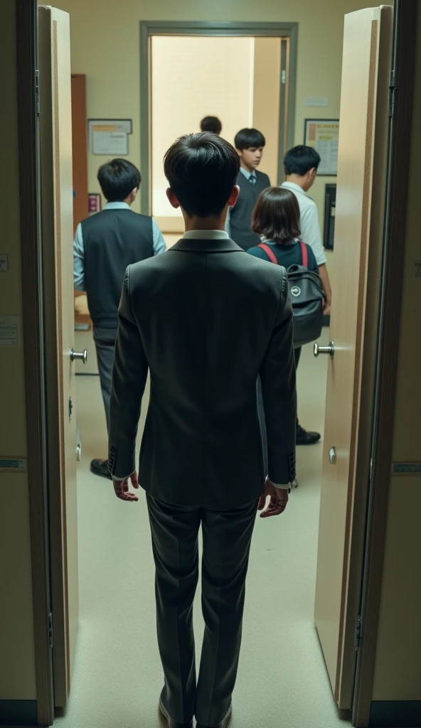  Ultra realistic style ， POV aerial shot from an upstairs gap，Foreground blur，Minoru Nakagage，A few Western high school guys entering the office ，, is a boy in a suit，Facing the closet 