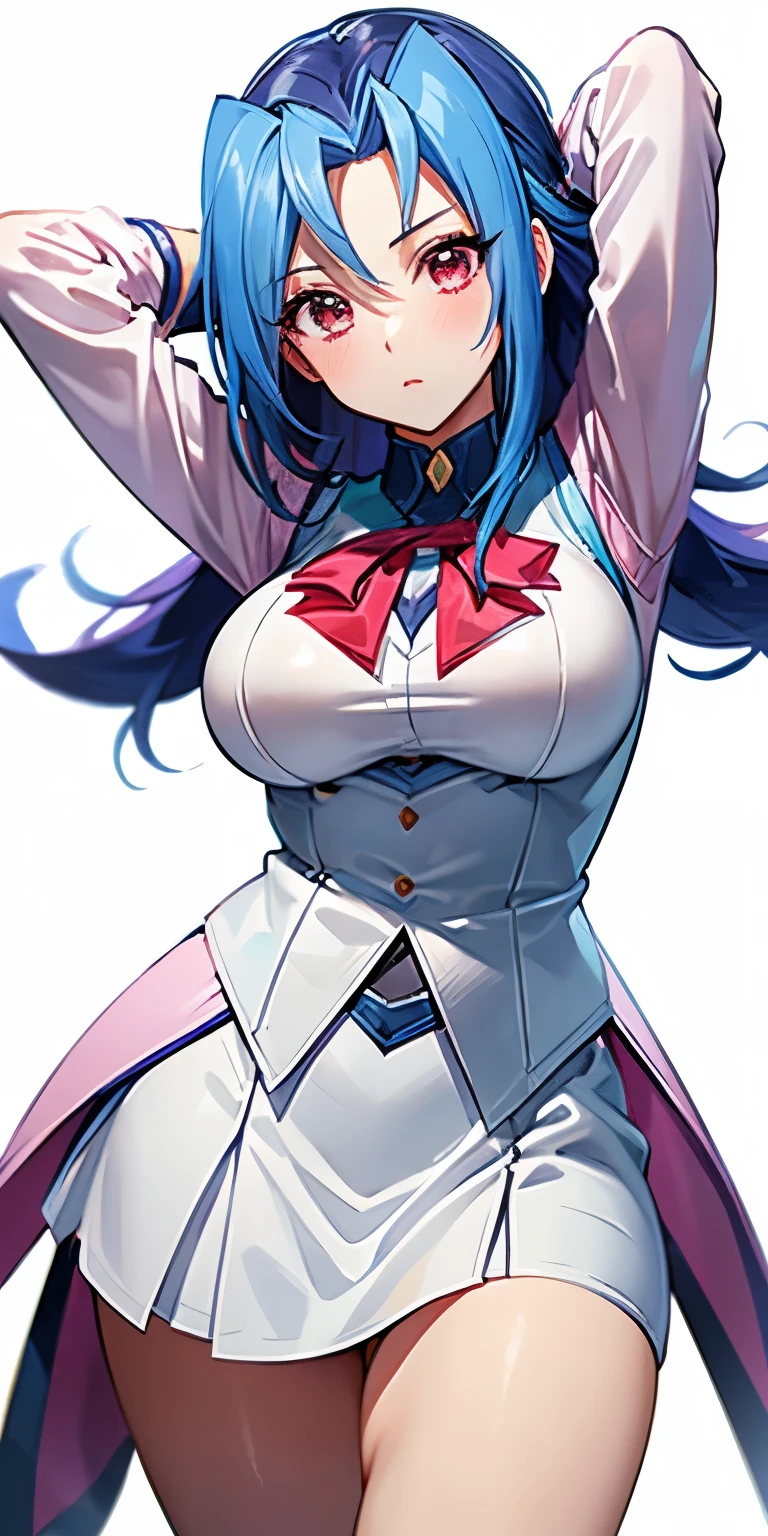 1 Female,High definition,high resolution,Ultra-realistic,8K, kr1, multicolored hair, dyed bangs, long sleeves, bow, pink dress, white vest, white skirt,tight skirt, miniskirt , large breasts,European,sexy,Upper body close-up,Photographed from the front,Dynamic Angles,(blush), (medium tits) ,(arms behind head)