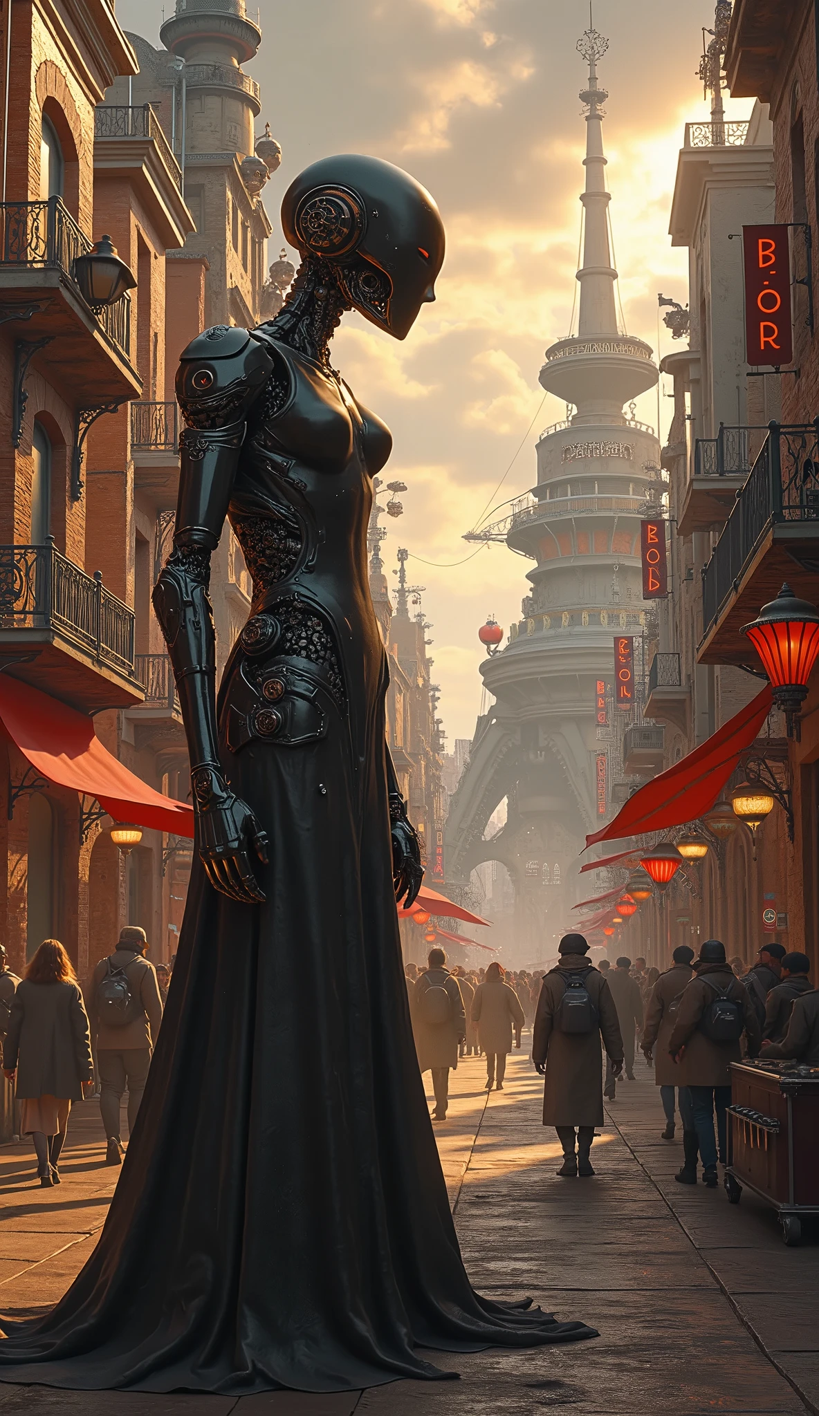 (masterpiece,  High Quality ,  high definition ,  Golden Ratio ,  movie lighting, 8k), ((( The World of Steampunk ))),  Fusion of Human Women and Machines,  Life Dwells in Machines , People passing by々,  Vibrant Streetscapes , Huge Vehicles 