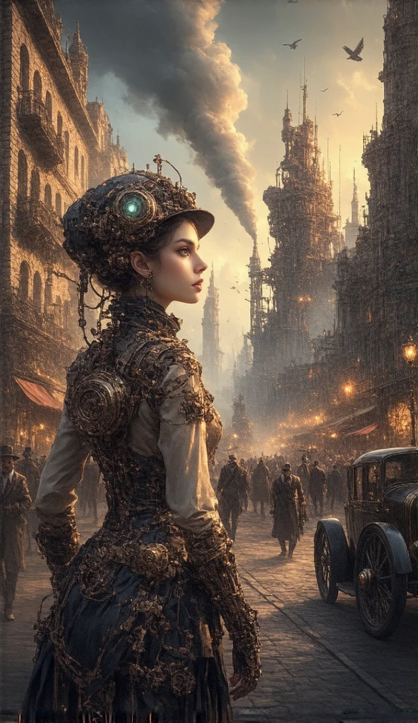 (masterpiece,  High Quality ,  high definition ,  Golden Ratio ,  movie lighting, 8k), ((( The World of Steampunk ))),  Fusion of Human Women and Machines,  Life Dwells in Machines , People passing by々,  Vibrant Streetscapes , Huge Vehicles 