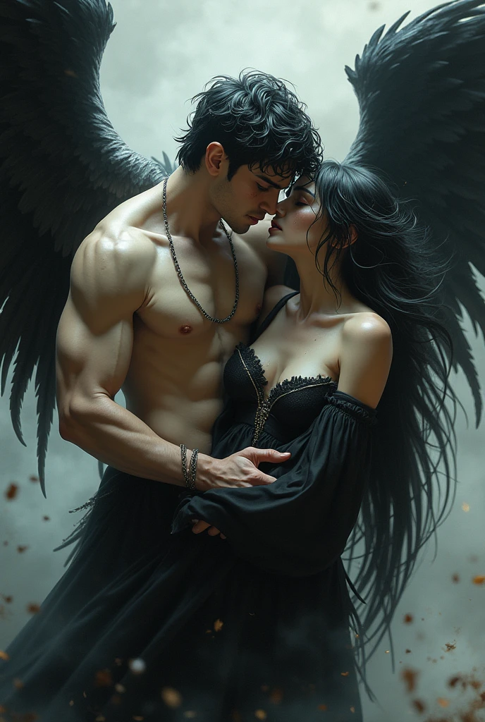 there are two men that are kissing in front of a moon, cinematic film still, shutterstock, film grain, ultra-photorealistic, eros and thanatos, muscular men romantically together, two muscular men embracing in each other arms, muscular male incubus with dark red horns, celestial god-like male angel with breathtaking angel wings, beautiful contrasting, intricate details, good and evil, demon versus angel, good and evil, romance novel cover, homoerotic, gay love, dark romantic fantasy, twilight atmospheric glow