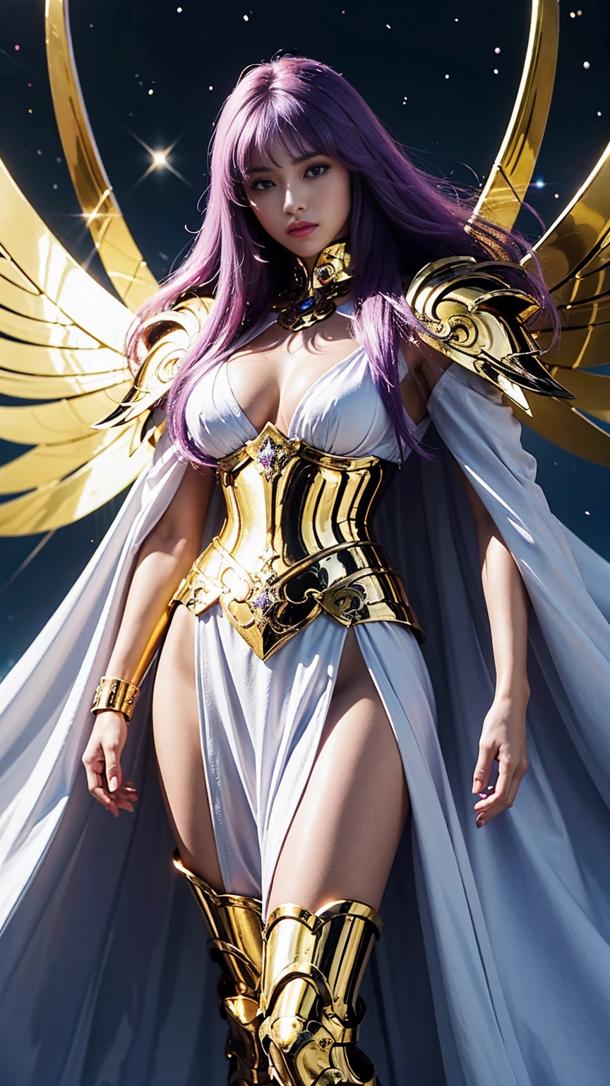 hyper realistic ultra detailed photograph , 8K, ultra-detailliert, ​masterpiece, top-quality, A high resolution, realistic skin textures, (fimale people:1.2), twinks, a beauty, Cool girls, long purple hair,With keen eyes, Bad eyes, armature, (Photorealsitic:1.4), hight resolution, Raw foto, One Girls, shinny skin, (detailedskin:1.2), realistic skin textures, The best lighting, brilliance, mecha-armored, dramatic  lighting, Saint Seiya's Fighting Pose, (sangtuary background:1.3), use staff energy cosmo yellow, cosmos, Athena Armor, golden armour, (de pele branca), (long bluish-purple hair:1.1), He wears a long white cape that goes down to his feet., 2, Hair and cloak fluttering in the wind