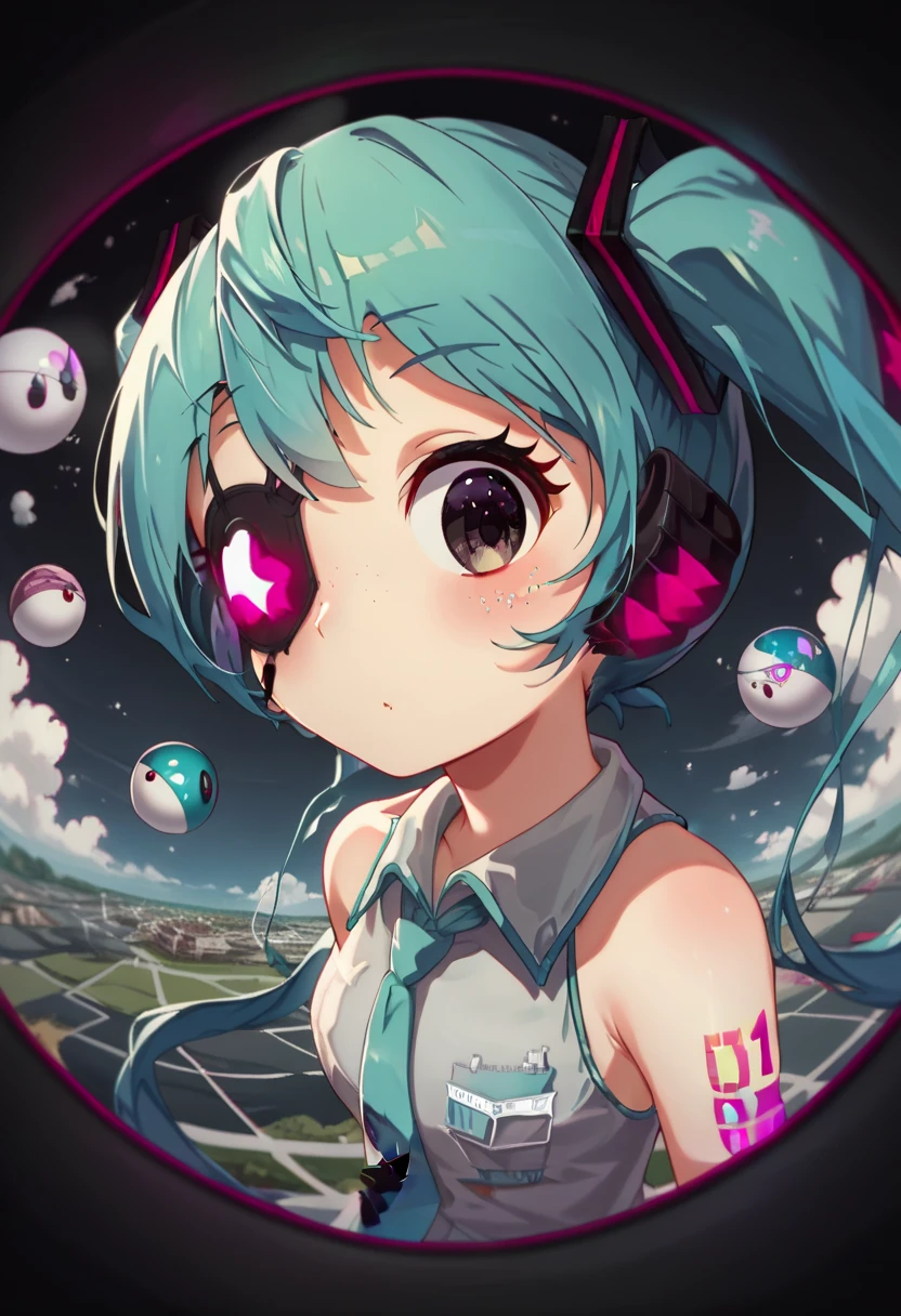  ,woman, side eye ,『 Monitoring 』   Hatsune Miku   ， Looking Intriguingly ，Face by face ， face inside the rim ， doorscope ，woman,from side,， Corn ,Peek，  cute illustration of a flying eyeball  （Two），  opening mouse  , 左目Corn ,Deco* 27 side , Peek Face with Left Eye ，  Eye Patch with Light Freckles on Right Eye  ，dark，dark cyan hair，  White Medical Eye Patch  ，  dark black eyes  ，  eye color dark blue  ，  big eyes， 魚眼レンズ doorscope ， low contrast ， In a circle ，angle（1.9），She peek，， Big Glitter ，  black background with round geometric pattern ，  hair gradation  ，  dark blue green  ， round geometric pattern on the outside 