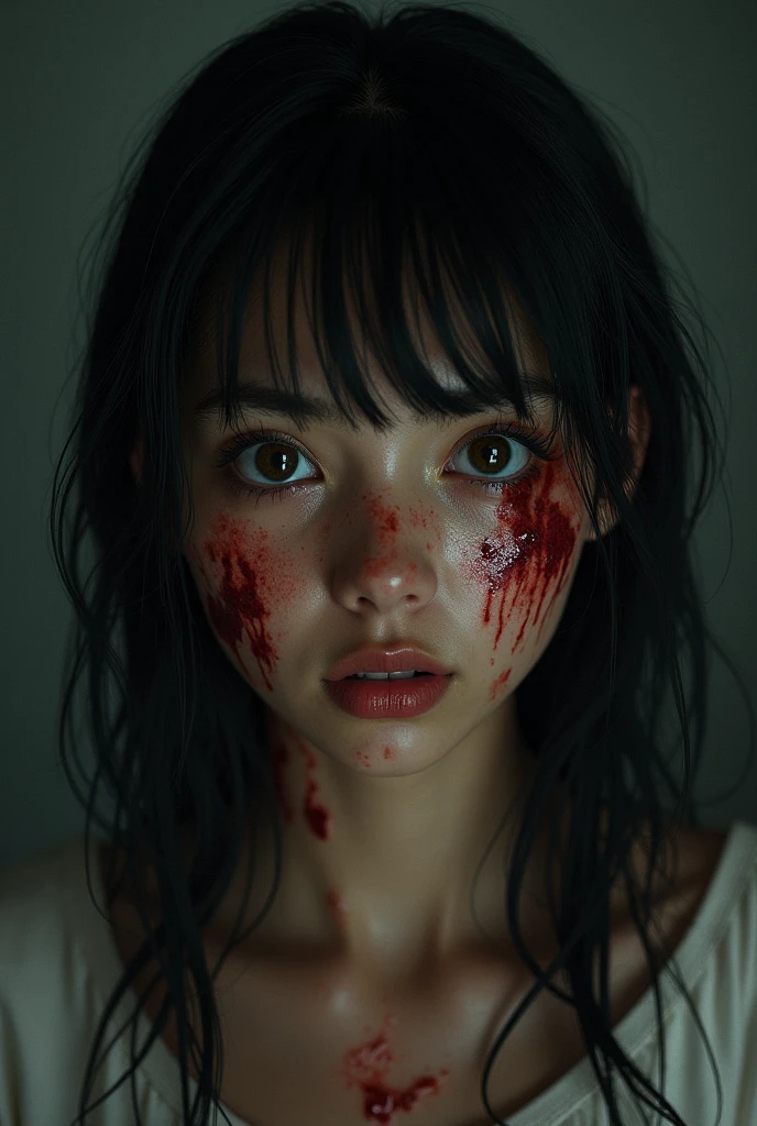 18 years old woman (brunette assian, bun hair) tear up clothes, skinny, small breast (flat chest) , choker, being raped by two men, ropes tied, at night in dirty dark messy shack bedroom, she is sweating, crying and scary, screaming in pain, cum covered skin (breast, face, mouth), beated and bruise marks, filled with semen