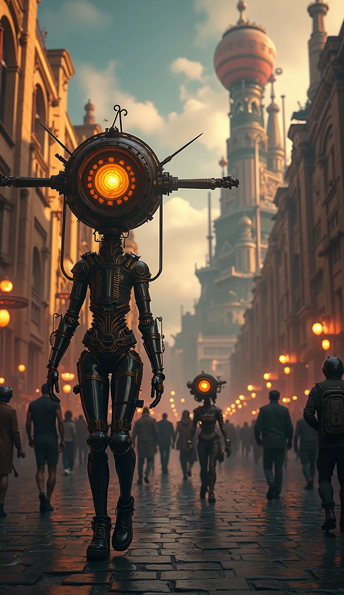 (masterpiece,  High Quality ,  high definition ,  Golden Ratio ,  movie lighting, 8k), ((( The World of Steampunk ))),  Fusion of Human Women and Machines,  Life Dwells in Machines , People passing by々,  Vibrant Streetscapes , Huge Vehicles 