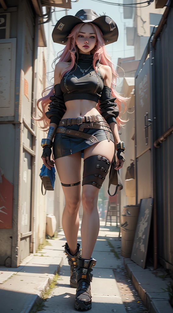 painterly anime artwork, beautiful charismatic girl, full body, athletic body, a woman an pink top, gorgeous figure, interesting shapes, full body shot, black pantyhose, sneakers, blue eye, in the style of jessica drossin, life-size figures, --ar 51:91 --s 1000, masterpiece, fine details, breathtaking artwork, painterly art style, high quality, 8k, very detailed, high resolution, exquisite composition and lighting