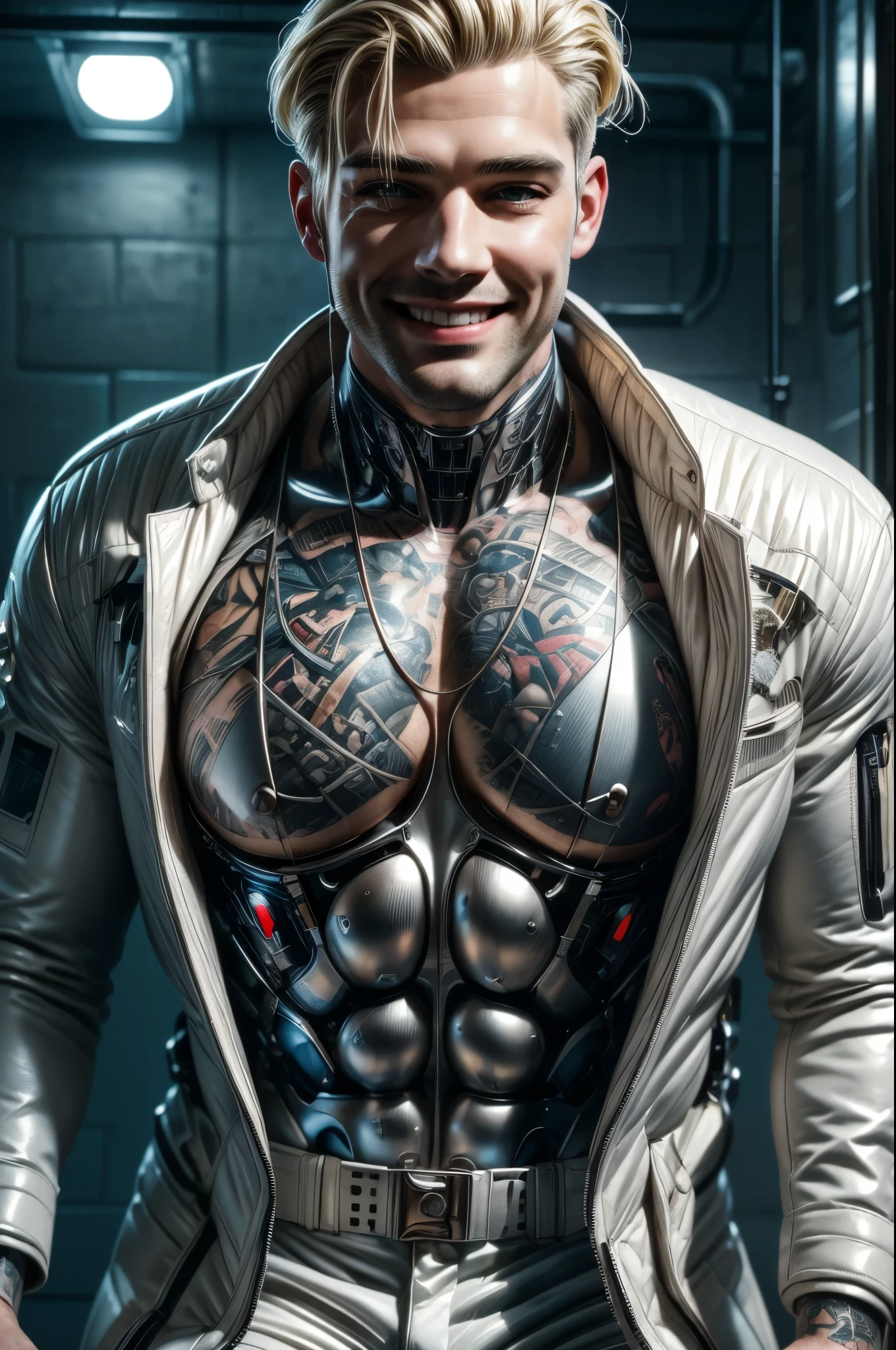 masterpiece, best quality, extremely detailed, hyperrealistic, photorealistic, a beautiful 30s american man, ultra detailed face, cyborg, cyber suit, blonde hair, tattoos, white puffer coat, heavyset, white buggy pants, smiling, prison
