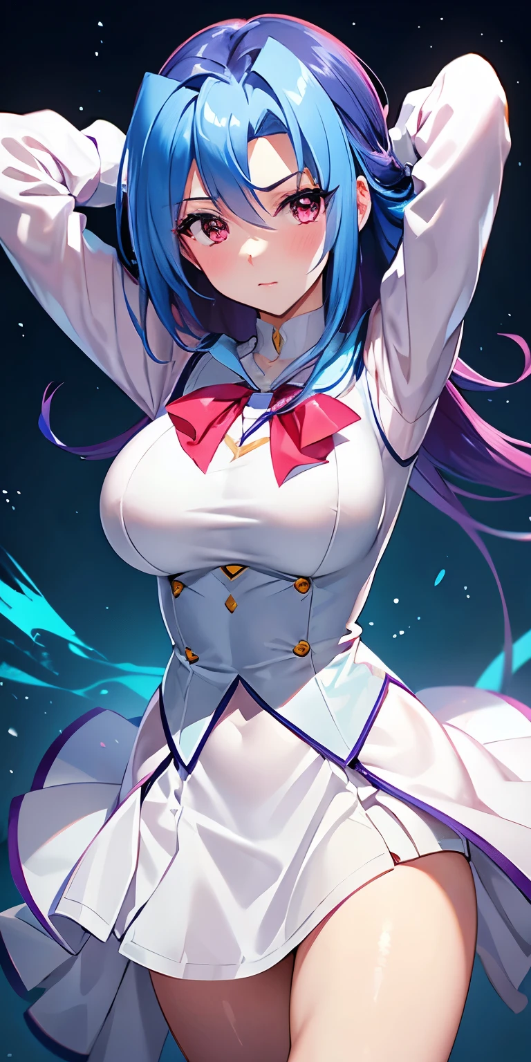 1 Female,High definition,high resolution,Ultra-realistic,8K, kr1, multicolored hair, dyed bangs, long sleeves, bow, pink dress, white vest, white skirt,tight skirt, miniskirt , large breasts,European,sexy,Upper body close-up,Photographed from the front,Dynamic Angles,(blush), (medium tits) ,(arms behind head)