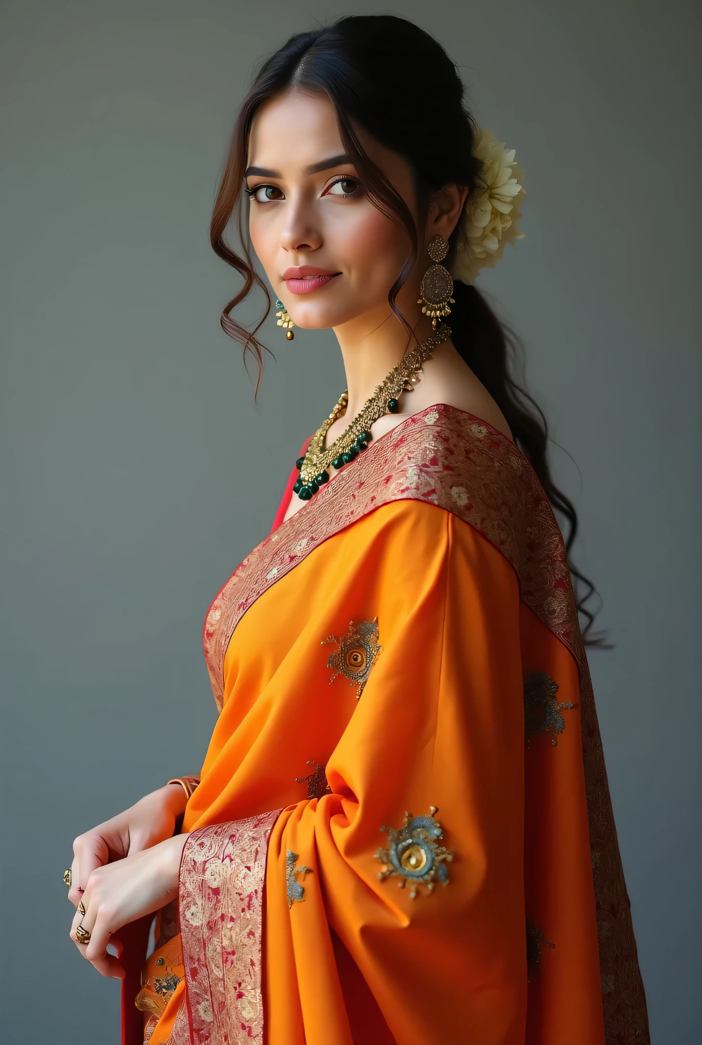 (masterpiece, best quality:1.2), 1girl,well dressed, solo, closed mouth, grey background, nice indian saree, closer shot