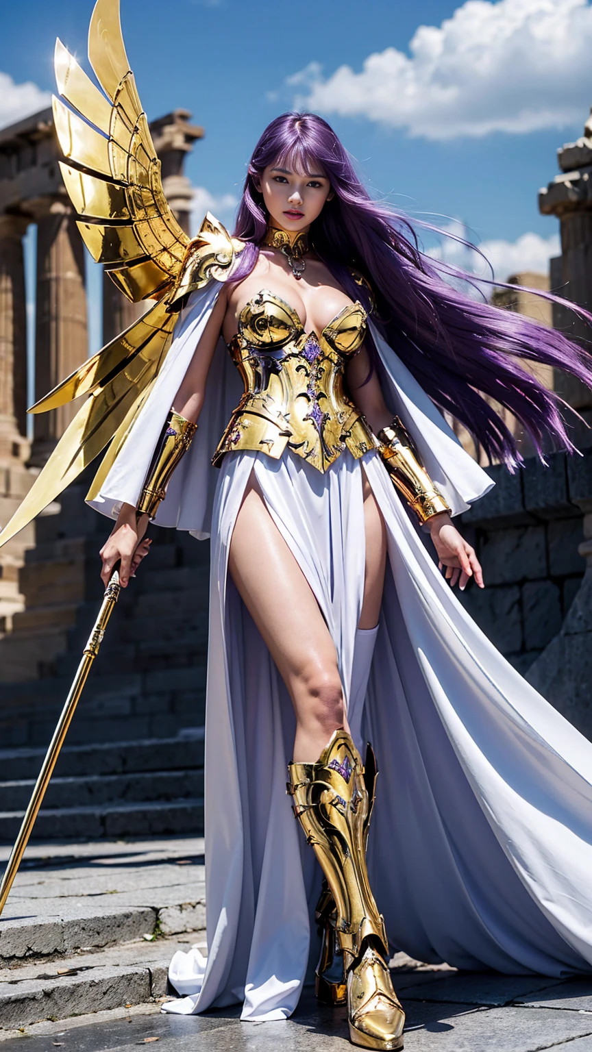 Full body image of a girl wearing ornate armor，Greek temple，((8k+ultra high resolution+ultra high definition+masterpiece+Very detailed+Award-winning+The award-winning)),(perfect face+supermodel+Delicate skin+long purple hair+huge breasts+perfect hands+beautiful hands+perfect hands指+beautiful hands指+perfect legs+perfect feet),[[[muscle]]],(((anatomically correct))) ,Kido_Saori，saori_sleeveless_white_dress，saori_accessorie，sstaff_Nikke，athena_shield，athenaCloth_armor，saori_puffy_sleeves_white_dress，