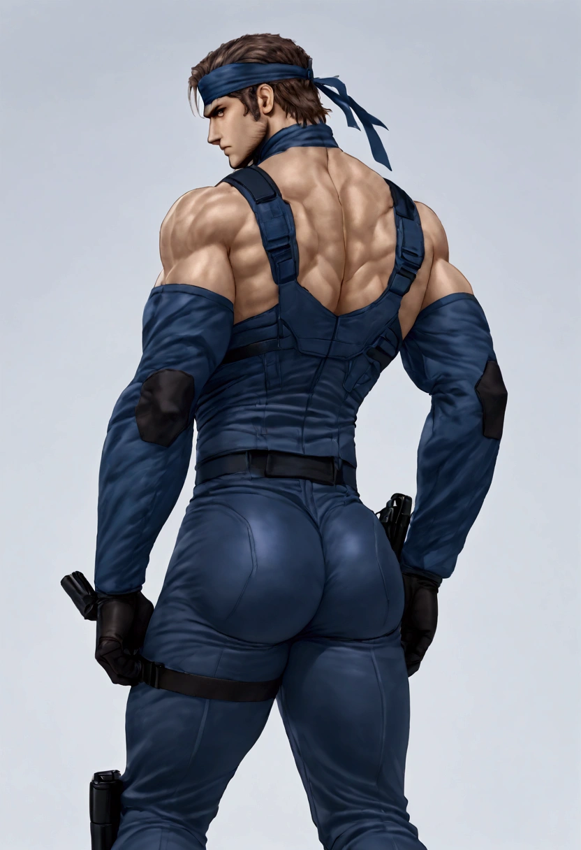 Solid Snake (metal gear solid), back view, juicy ass, defined muscles, with his fluffy brown hair, fully clothed in his blue-grey tight slacks and tactical gear, slim but fit figure, slightly tapered waist