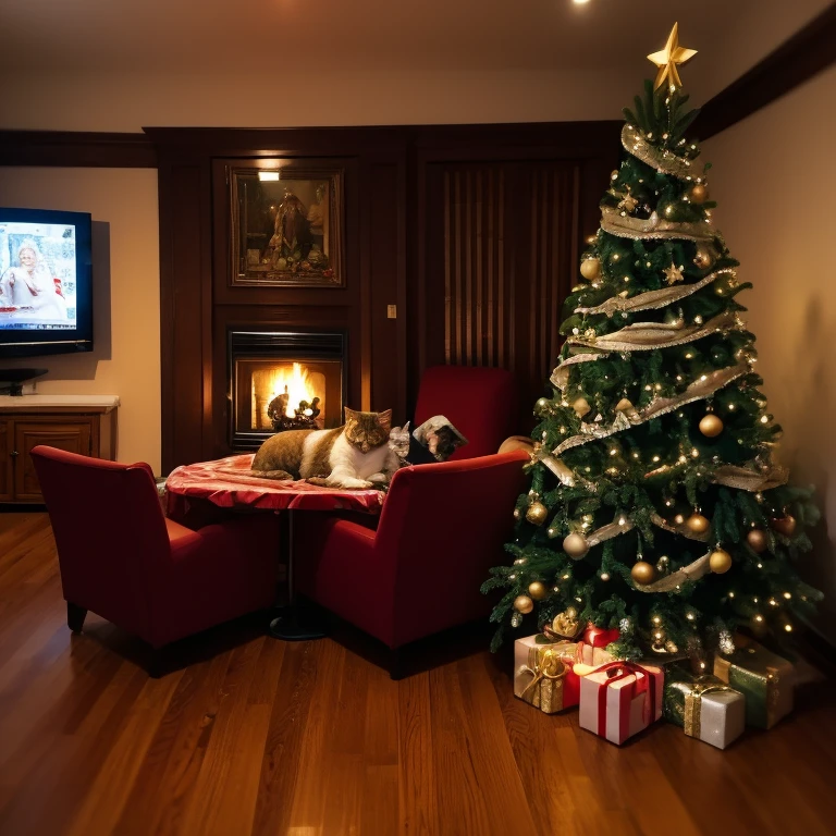  Holy Christmas  !  Beautiful living room big room ,  shiny parquet on the floor with intricate patterns of different types of wood ,  semicircular green marble staircase leading to the top  , the fireplace with burning firewood .  is decorated with beautiful malachite carvings ,  on the wall there is a large flat screen TV ,  around the perimeter of the screen along the edges of the fireworks  . flowers. snowflakes.  and in the center screen greeting text  "SeaArt AI wishes everyone a Merry Christmas".  A Christmas tree sparkles in the corner ,  In the center, a large festively covered table ,  at the table for 7 family members - 3 students of different ages . their dad and mom  , grandparents.  They all got up from their big chairs .  put their hands together  , reads from the Bible closed their eyes and repeated the prayer  .  that Grandfather .  The dog and the big fluffy cat sit leaning against each other looking at Grandpa.  A work of the highest quality and in great detail .