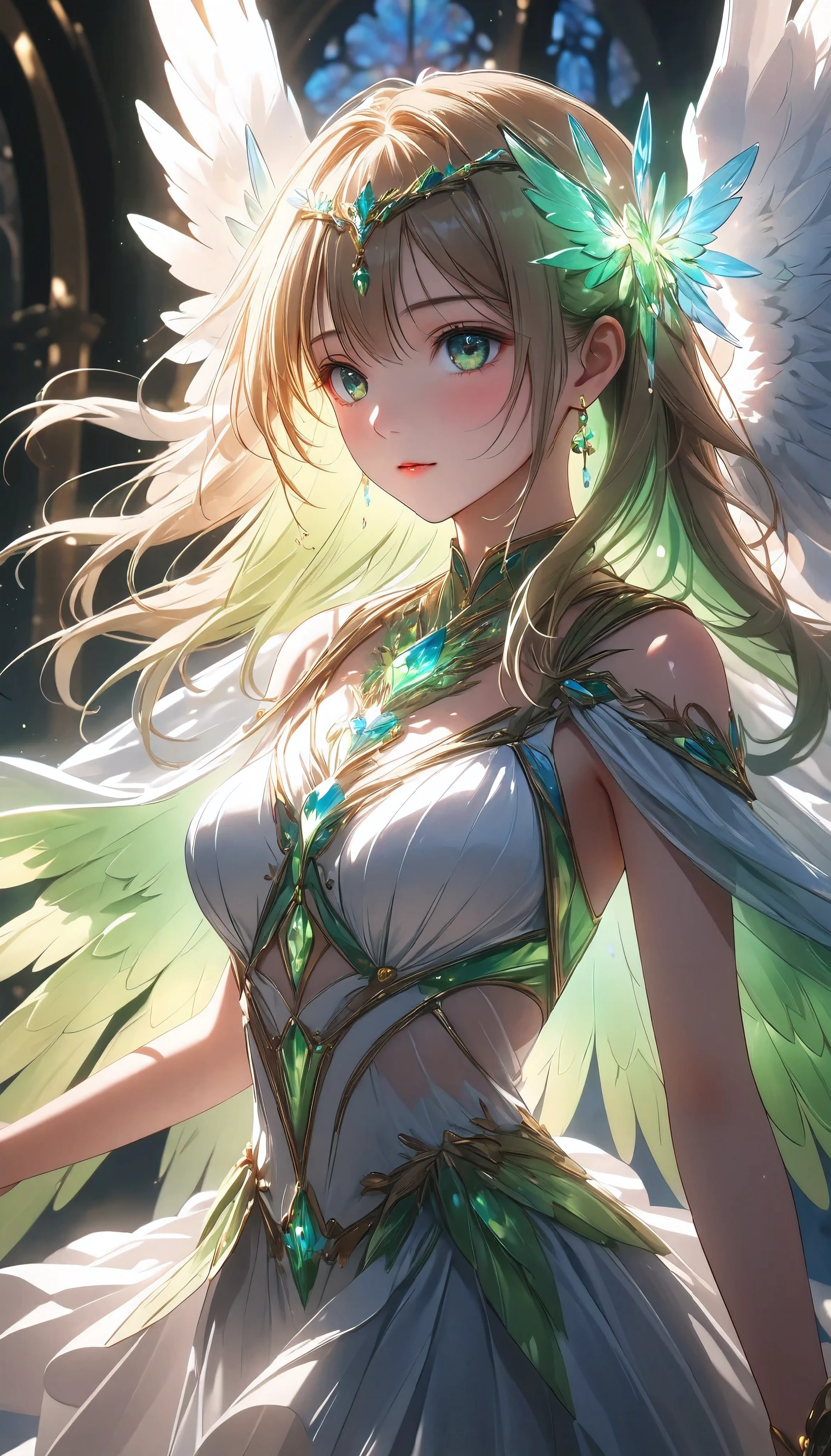 1girl, winged angel, glowing inner light, beautiful, divine, ethereal, angelic, white, green glowing crystals, high-quality performance, captivating and vibrant world, cinematic lighting, ray tracing, hyper-detailed, afterimage, masterpiece, best quality, ultra-detailed, 4k, ultra-high resolution, 8k