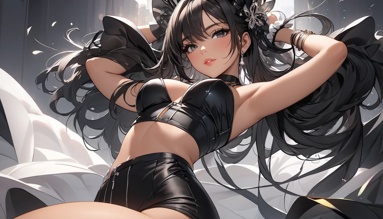 ((highest quality)),(ultra high resolution),(Super detailed),(detailed description),((best CG)),(best work of art),super precision art, (1 young girl:1.5), beautiful and well-shaped face:1.5,(Beautiful skin with precise and detailed depiction:1.6),(sleeveless halter neck sports bra and elastic waist band shorts ),gorgeous, masterpiece, best quality, high-resolution, finely detailed, extremely detailed and beautiful, distinct-image, 1 girl, 16 year old teenager, solo, sharp facial features, oval shaped face. cherry pink lips, lightly tanned white skin. velvet-colored eyes, C-cup breasts, tall height(175cm), slim yet chiseled body type, flowing waist length dark violet-black hair, small narrow waist, long and slender legs, curvy wide hips, elegant gothic courtyard setting