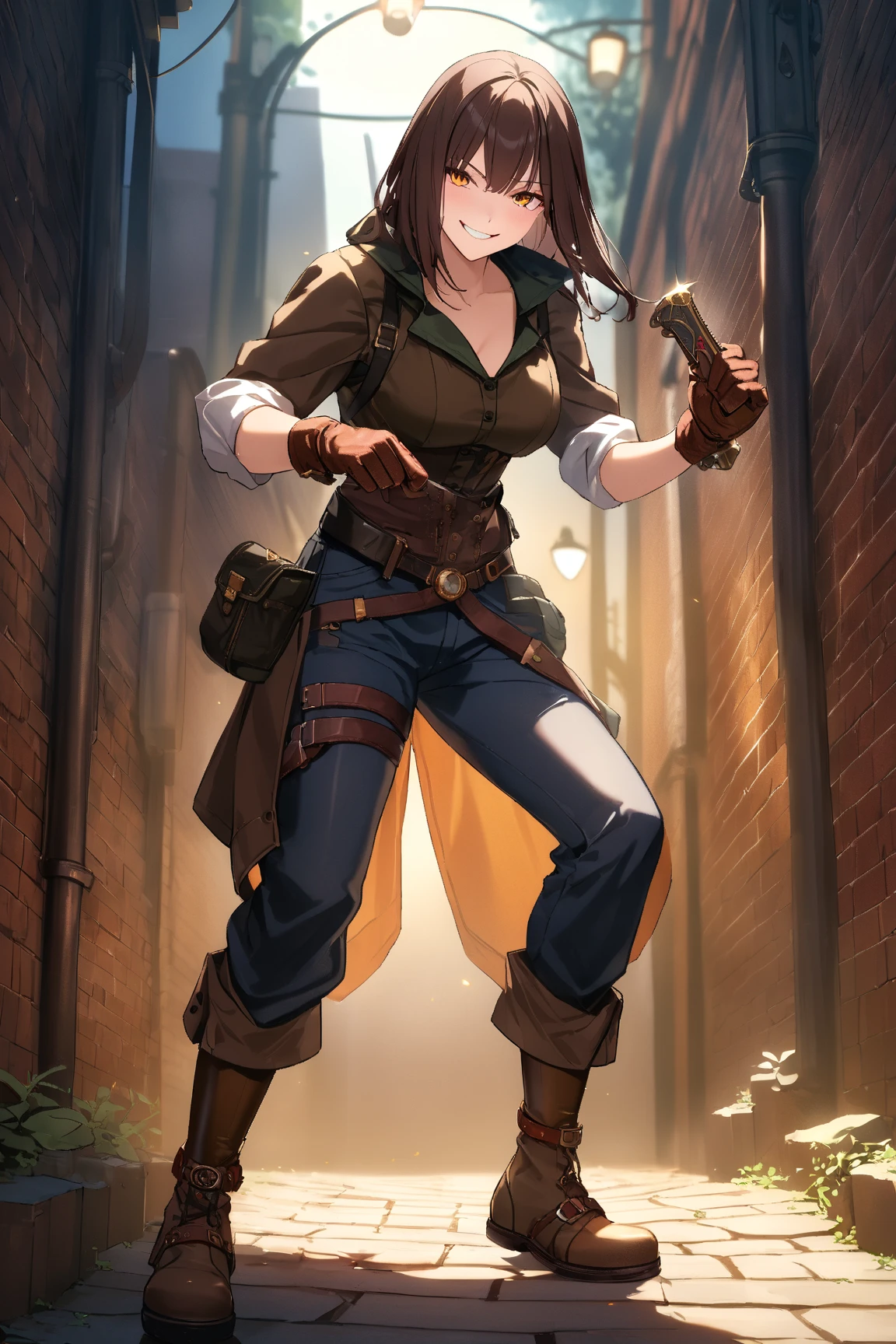 1 girl, (mischievous face), 22 years old, (smirking):1.2, medium breasts, slim, (wearing rugged steampunk thief outfit:1.4), knee length trousers, (leather gloves), BREAK  
Dark alleyway, brick walls, (holding a dagger:1.2), (sneaking stealthily:1.2), outdoors, BREAK  
(dramatic lighting, shadows cast by streetlamps), tense atmosphere, character focus, game cg, BREAK  
ultra detailed, absurdres, beautiful, masterpiece, best quality,
