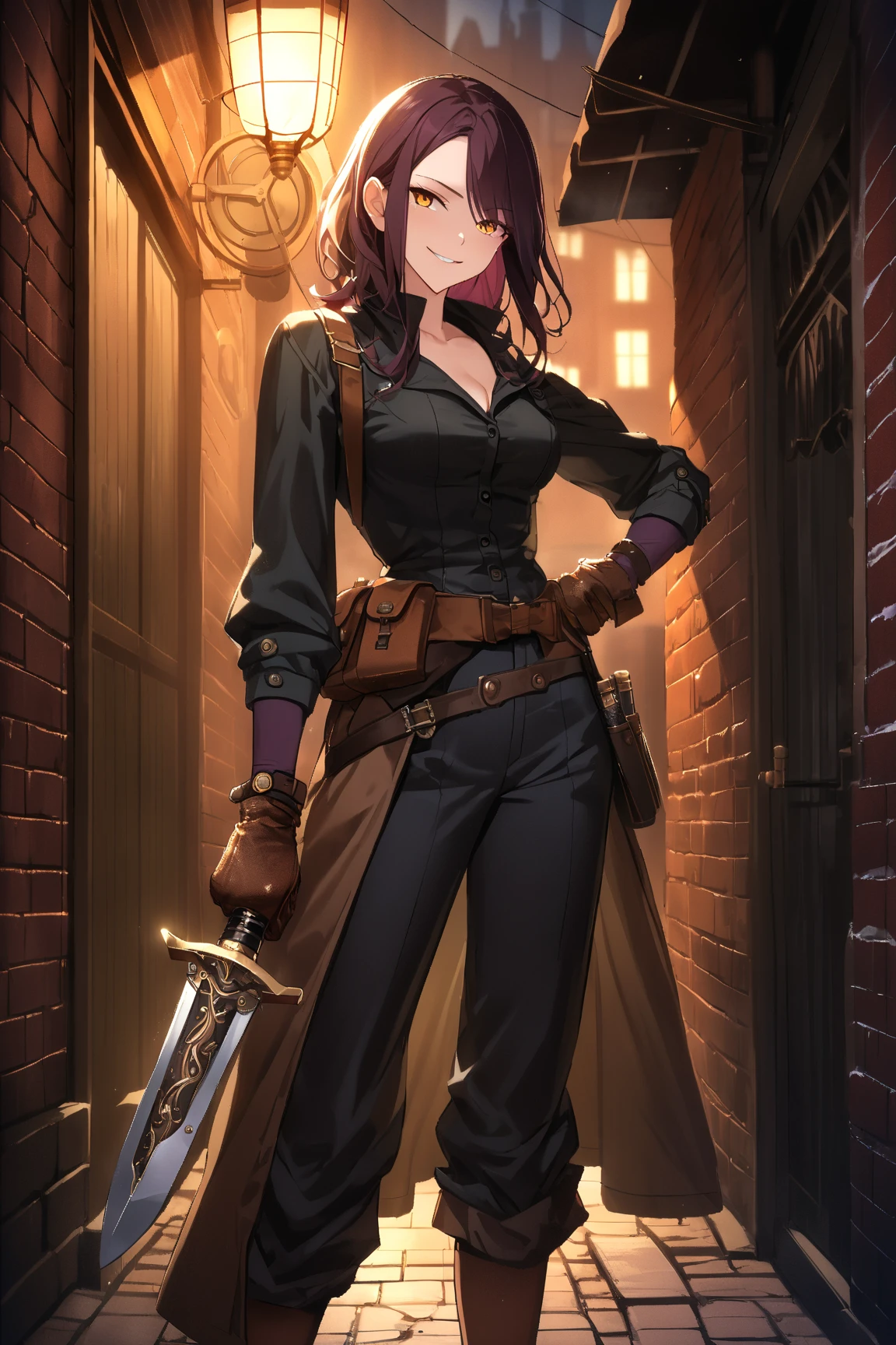 1 girl, (mischievous face), 22 years old, (smirking):1.2, medium breasts, slim, (wearing rugged steampunk thief outfit:1.4), knee length trousers, (leather gloves), BREAK  
Dark alleyway, brick walls, (holding a dagger:1.2), (sneaking stealthily:1.2), outdoors, BREAK  
(dramatic lighting, shadows cast by streetlamps), tense atmosphere, character focus, game cg, BREAK  
ultra detailed, absurdres, beautiful, masterpiece, best quality,
