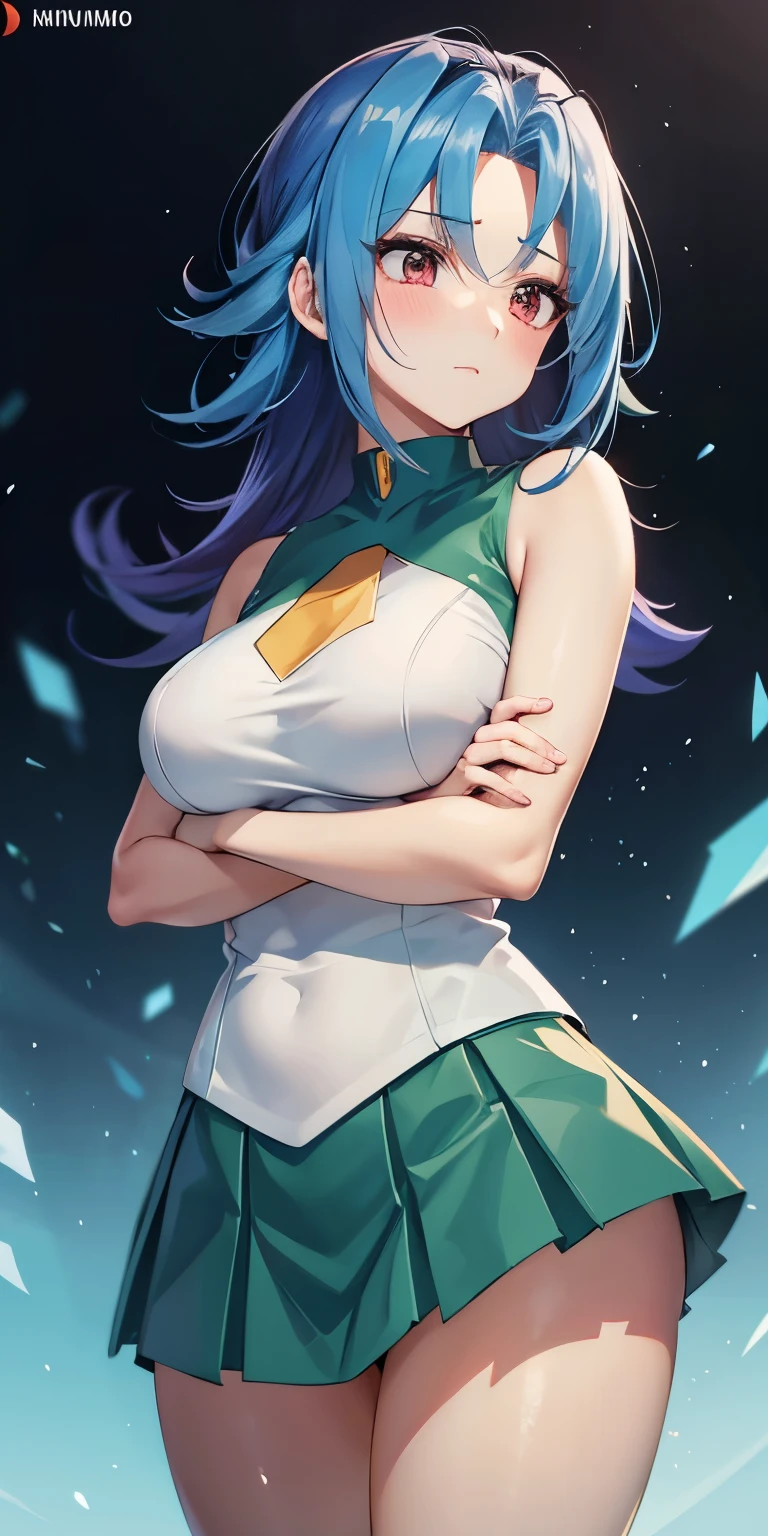 1 Female,High definition,high resolution,Ultra-realistic,8K, kr1, multicolored hair, dyed bangs, white shirt, sleeveless, green skirt, tight skirt, miniskirt, pleated skirt, large breasts,European,sexy,Upper body close-up,Photographed from the front,Dynamic Angles,(blush), (medium tits) ,(crossed arms)