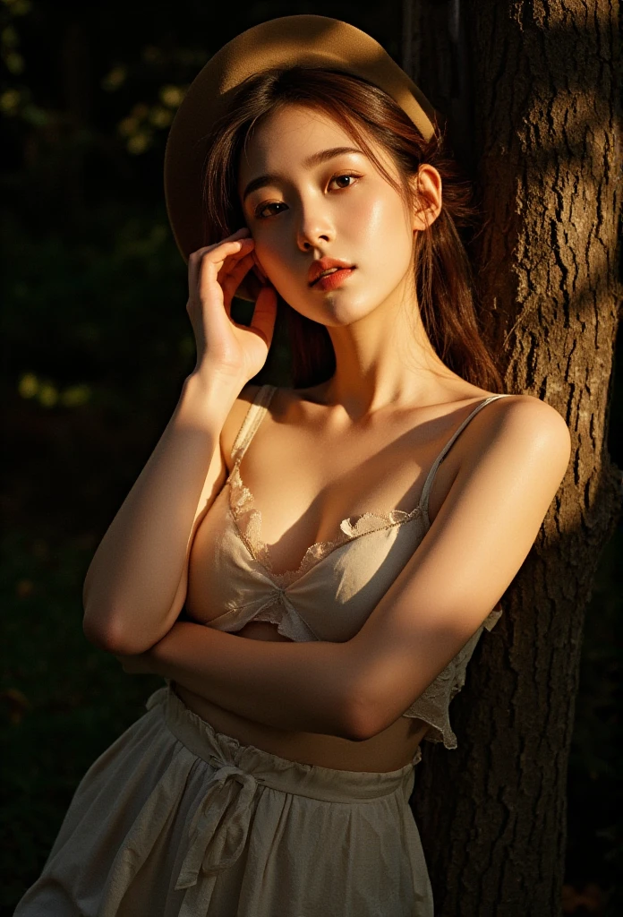 ,masutepiece, Best Quality,8K, 超A high resolution,Real Lights and Shadows,Cinema Lens,(beautidful eyes:1.1), ((中景 the scene is,The upper part of the body)),dynamicposes,In green meadows,The gentle goddess came with gentle steps。She wore a white dress,the breeze blows,Skirt dances lightly。The sun was shining through the leaves of her hair,Reflecting her clear eyes and gentle smile。Colorful butterflies flutter around her,A flower bloomed at her feet,It was as if nature was cheering her on,Colossal tits,cleavage,Lace