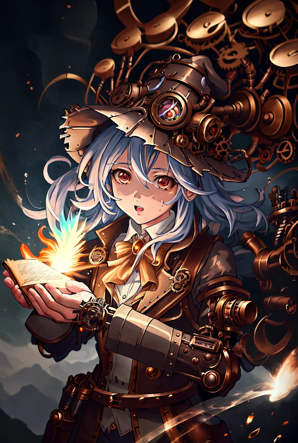 a steampunk wizard preparing a spell, ((ultra quality)), anime enhancement, ((8k resolution, masterpiece, best quality)), ultra detailed, ultra sharp, perfect colors, perfectly shaded, perfect lighting, very detailed face, perfect anatomy, 