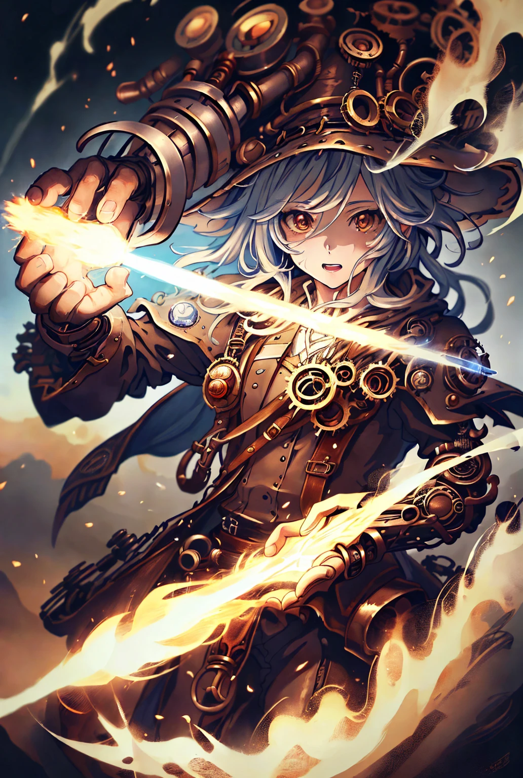 a steampunk wizard preparing a spell, ((ultra quality)), anime enhancement, ((8k resolution, masterpiece, best quality)), ultra detailed, ultra sharp, perfect colors, perfectly shaded, perfect lighting, very detailed face, perfect anatomy, 