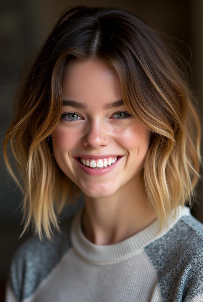 a highly detailed photo depicting Milly Alcock, Her hair is shoulder-length, styled in a loose, tousled bob with a gradient from dark brown at the roots to blonde tips. She is smiling broadly, showing her teeth, and her eyes are bright and expressive. 