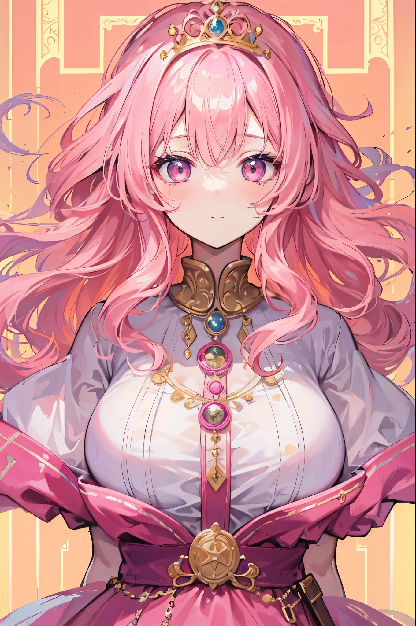 Masterpiece, Very detailed, Ultra-detailed, One, female goddess, beautiful woman, Beautiful woman - pleasant skin, Long pink hair and bangs on the sides, bright pink eyes and women's Greek clothes, with huge breasts, lush and soft body, hearts and aura of love around her