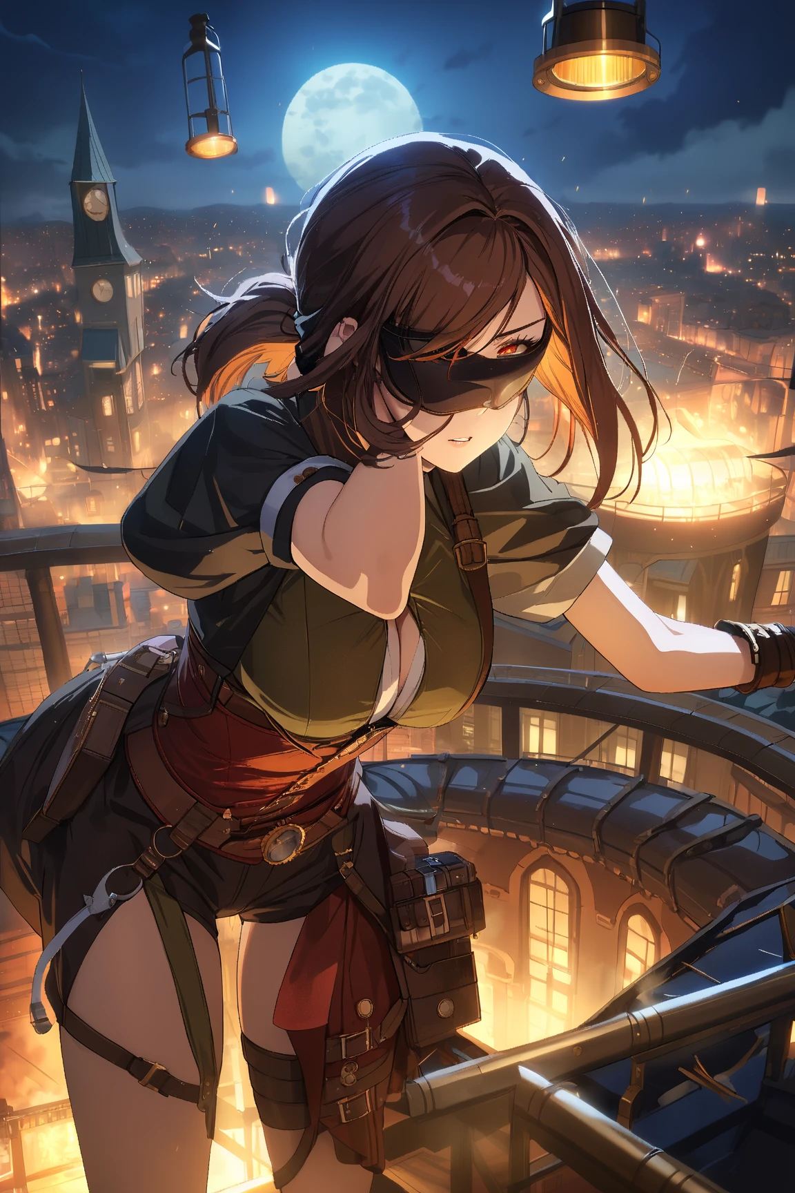 1 girl, (confident face), 20 years old, (medium hair in a ponytail:1.2), (determined gaze), large breasts, slim, (wearing stylish steampunk bandit outfit:1.4), short sleeve, (mask covering eyes), BREAK  
Moonlit rooftop, city skyline, (preparing to leap:1.2), (ready for action:1.2), outdoors, BREAK  
(dramatic lighting), thrilling atmosphere, game cg, BREAK  
ultra detailed, absurdres, beautiful, masterpiece, best quality,
