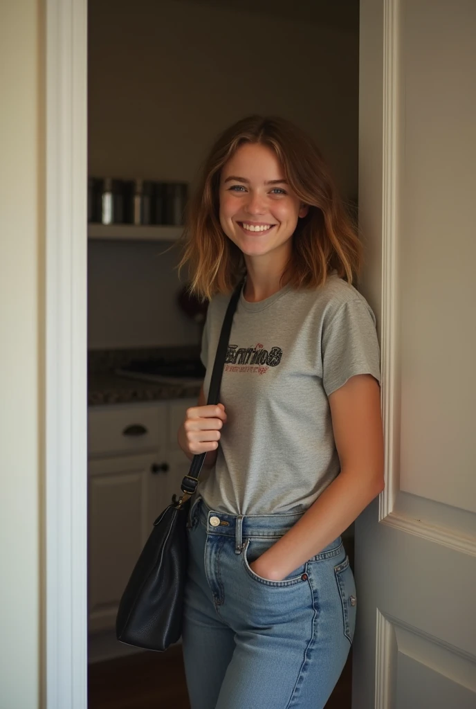 Milly Alcock stands in the doorway of an apartment kitchen in new york with a loving smile on her face as she looks at the viewer her husband, she is wearing a pair of jeans with a band t-shirt and a handbag on her shoulder