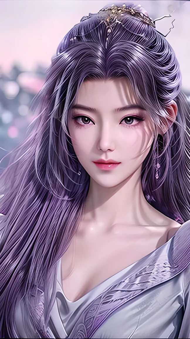 Beautiful,  White Asian Women , K-pop Aidou , Long full white wavy curls ,  Amber Eyes ,  Lavender Dress , Saggy Crescent Eyes , White eyelashes,  heart-shaped amethyst necklace and cut amethyst earrings, Small face,  Pink Careful Lips . pale.  actual 