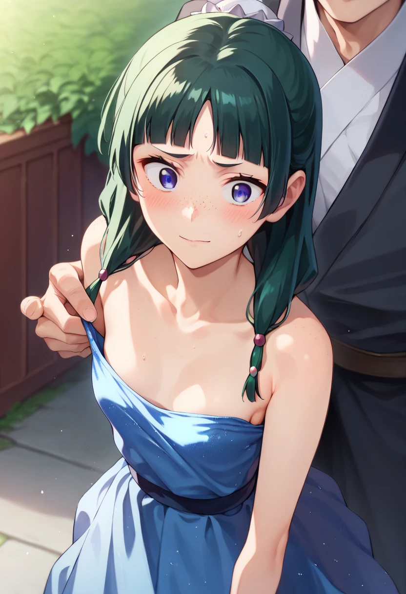 maomao, 1girl, blue eyes, freckles, sidelocks, blunt bangs, low twintails, sparkling dress, blue dress, small breasts, blush, embarassed, looking away,
jinshi, 1boy, bun cover, long hair, purple eyes, parted bangs, black suit, facing viewer, from behind, smile, his head is over her shoulder, over shoulder,pulling her dress down to show her breast,BREAK
score_9, score_8_up, score_7_up, score_6_up, anime