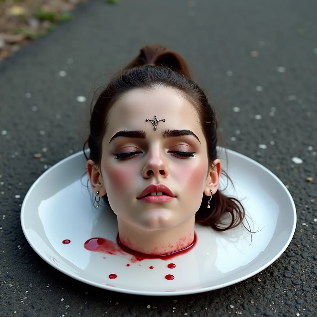 Best image quality, Excellent details, Ultra-high resolution, (realism: 1.3), ((Cowboy Shot:1.2)), Best illustrations, Favorite Details, A young Chinese woman and very condensed woman, 19 years old, Beautiful and delicate facial features, Perfect Proportions, ((From up)),((((Lie on your back on the ground, Close ~ eyes,defeat with blood)))),Perfect Breasts, Chubby:0.4, ((A swollen belly like perfect body woman)),((I like hijab suits, red and white mech, Military Harness)), The background is a military base